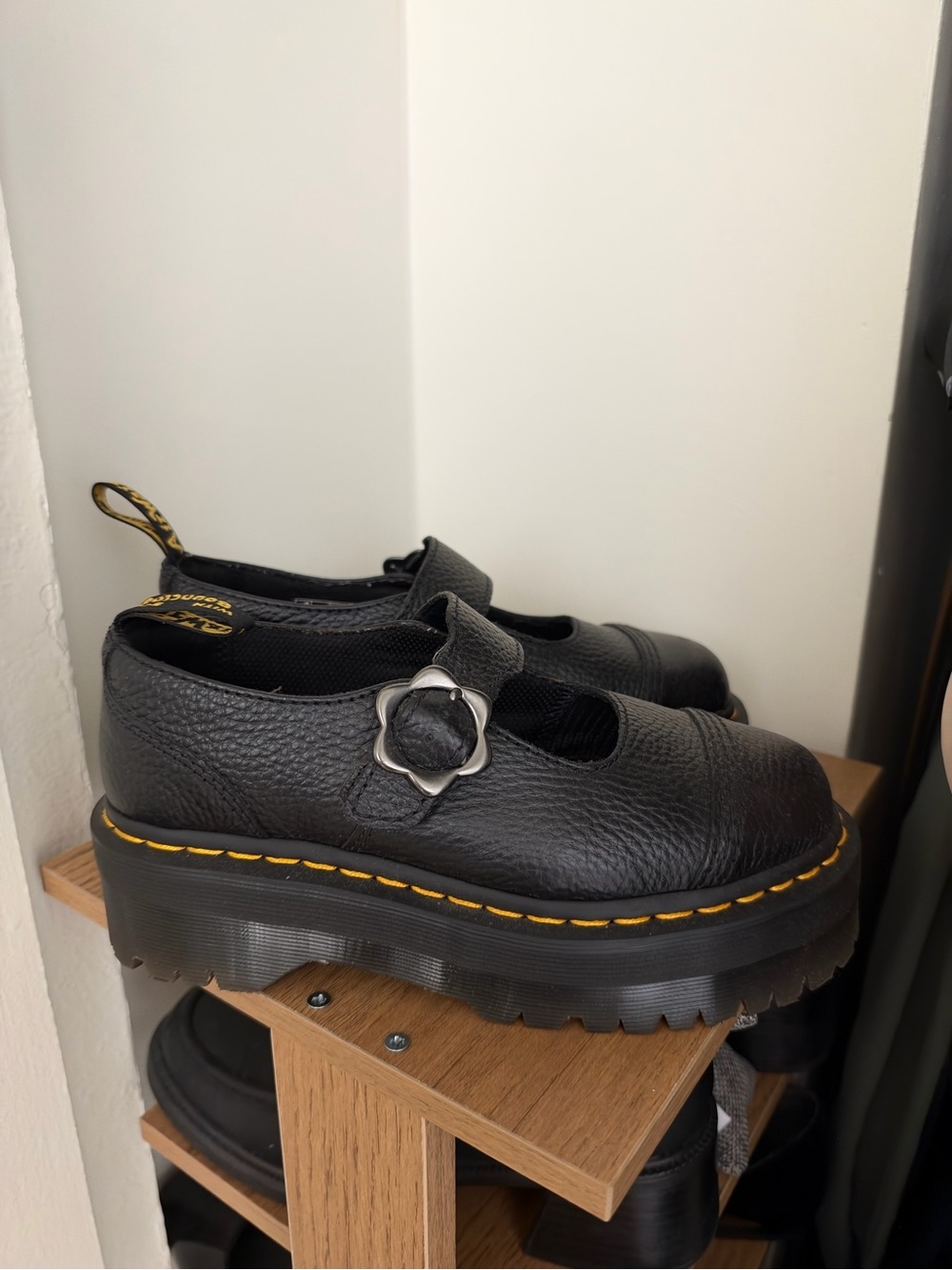 Doc Marten Black Leather Mary Jane Platform Shoes with Floral Buckle